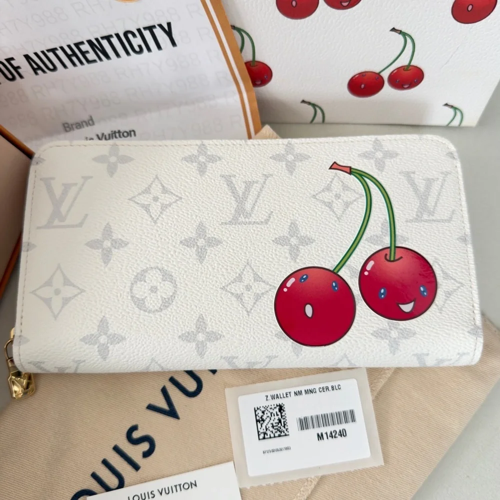 Louis Vuitton Takashi Murakami Cherry Cerise White Monogram Wallet COA M14240